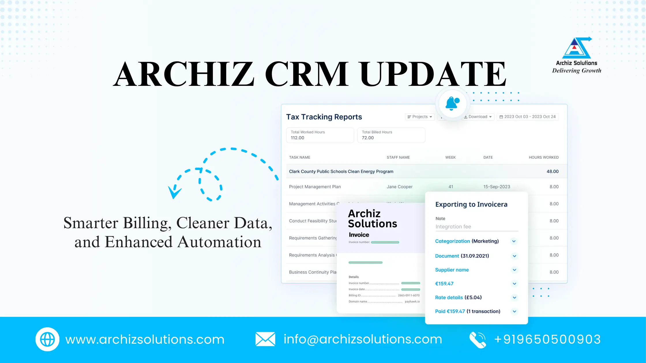 Archiz CRM dashboard showing updated billing and automation features